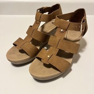 Dr. Scholls Barton Wedge Sandal Saddle Tan Women 7M Snake Print‎ Pattern